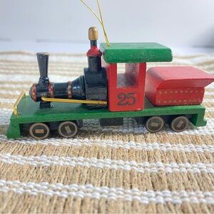1986 Roman Inc. Evergreen Express wooden Christmas train ornament, numbered 25.